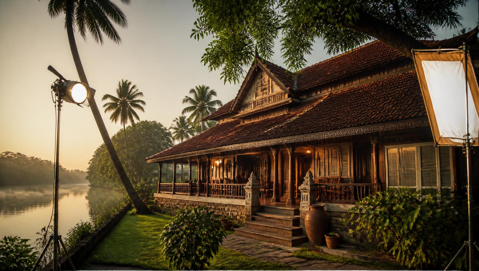 Traditional Kerala heritage house lit for a film shoot beside the backwaters